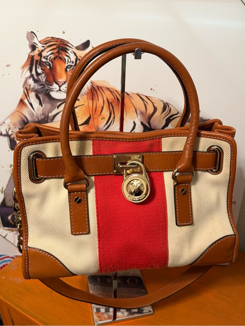 Michael Kors Hamilton Stripe Canvas Satchel with Orange and Tan Leather